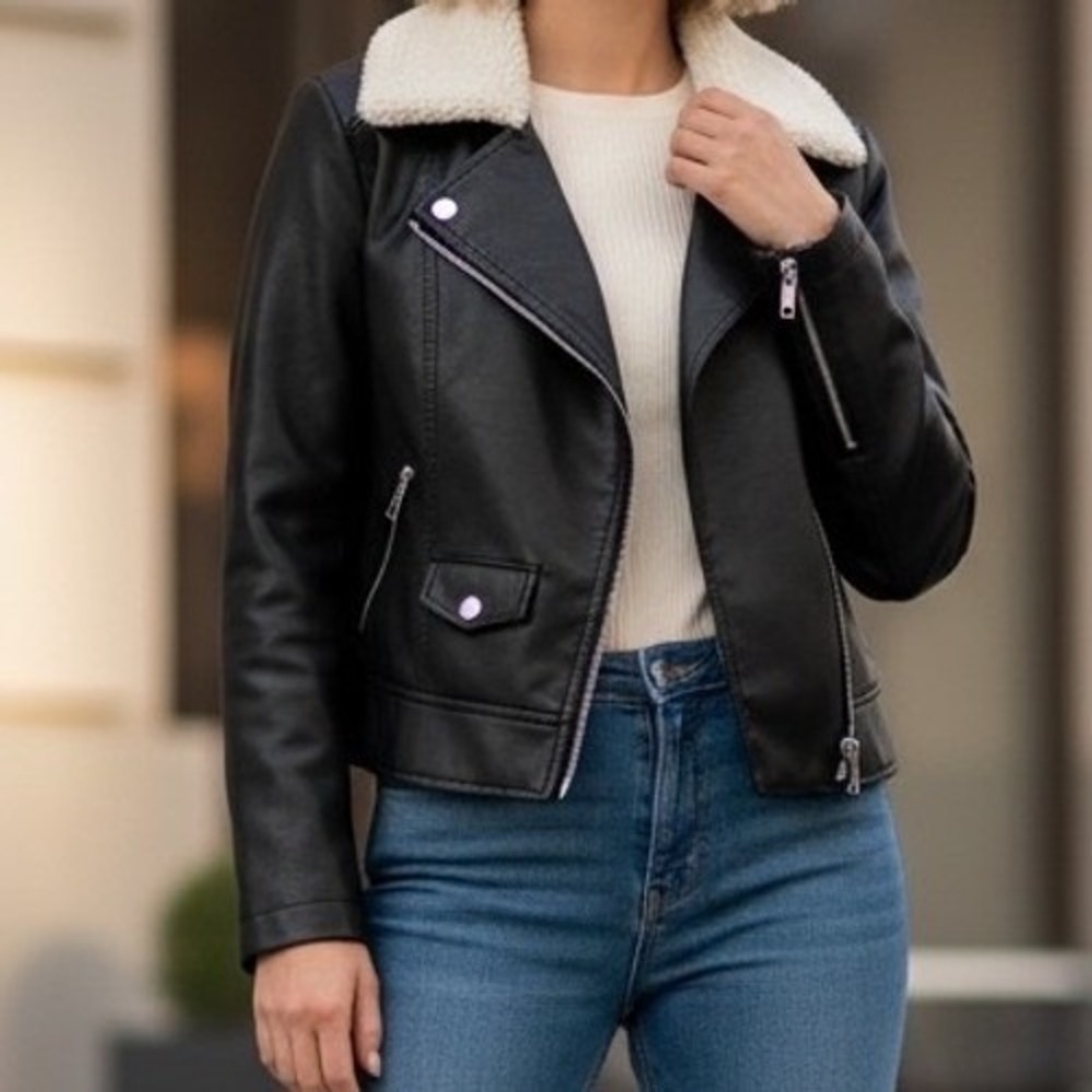 French Connection Womens Faux Leather Moto Jacket Sherpa Collar Black XS NWT‎